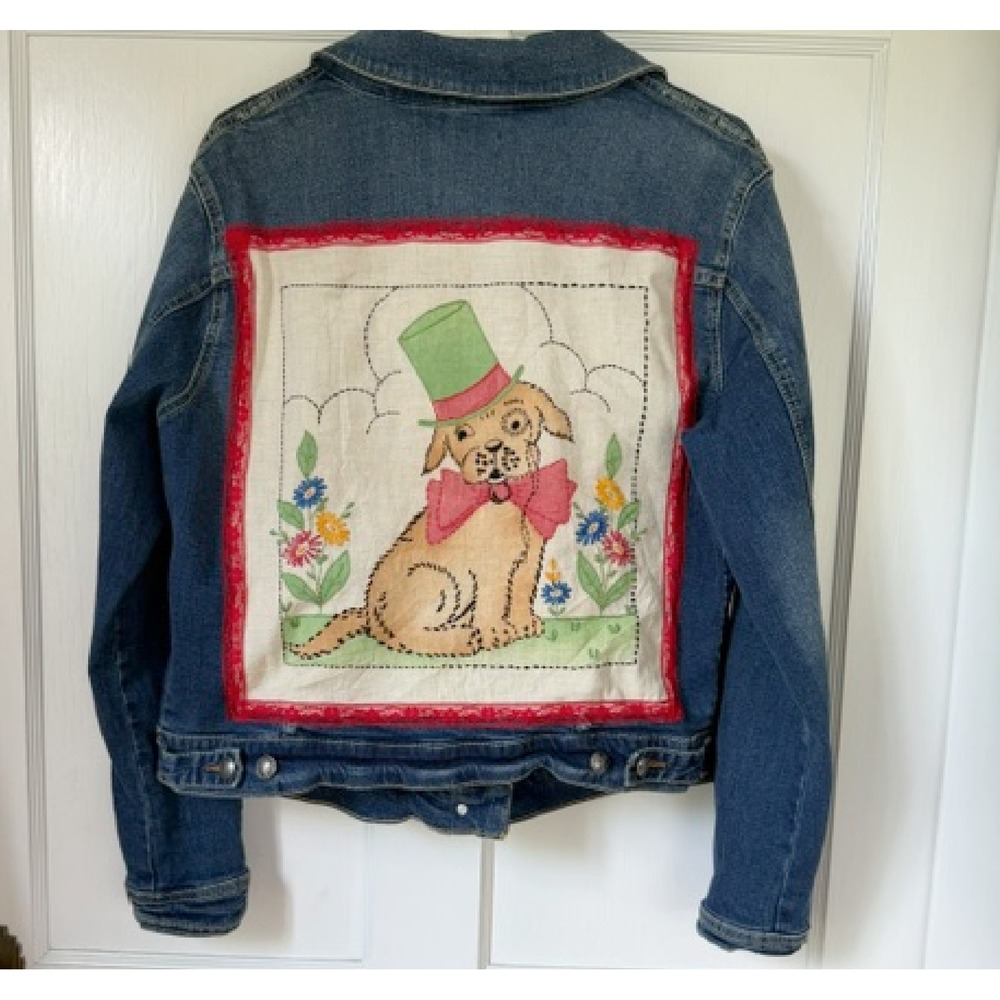 Upcycled Jean Jacket, Denim Jacket, hand emboidered dog lace, Torrid Size 10/12